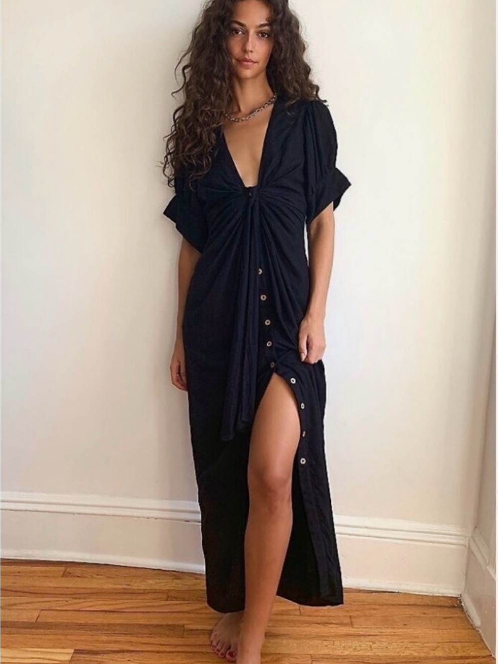 Free People Vintage Summer Tie Front Ruched Buttondown Midi Dress L